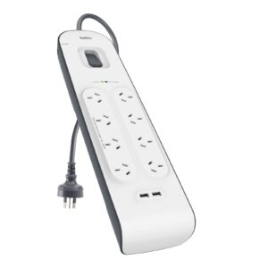 Belkin SurgePlus 8-Outlet Surge Protection Strip With Two (2.4) Amp USB Charging Ports - White (BSV804au2M), 2M Power Cord, 2 Years Warranty