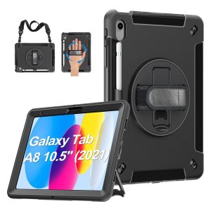 USP Rugged Samsung Galaxy Tab A8 (10.5') Case Black - Built-in-Kickstand, Hand & Shoulder Straps, DropProof, 3 Years Warranty
