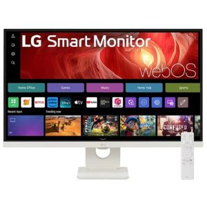 LG 27' 4K UHD IPS Smart Monitor: 3840×2160 (4K UHD), 5 ms response time, 60Hz refresh, ~350‑nit brightness, USB‑C, height/tilt pivot stand