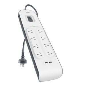 Belkin SurgePlus 8-Outlet Surge Protection Strip With Two (2.4) Amp USB Charging Ports - White (BSV804au2M), 2M Power Cord, 2 Years Warranty