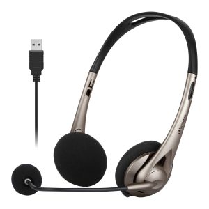 Verbatim Multimedia Headset with Boom Mic Headphone, Volume Control, USB 3.0 – Grey – School, Office, Business. Retail Pack