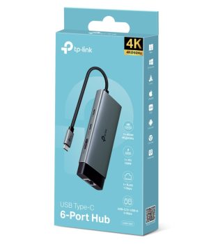 TP-Link UH6120C USB Type-C 6-Port Hub,4K@60Hz HDMI, 1 Gbps ethernet, 100W Power Delivery, 1× USB-C Data Ports, 2× USB-A Data Ports.