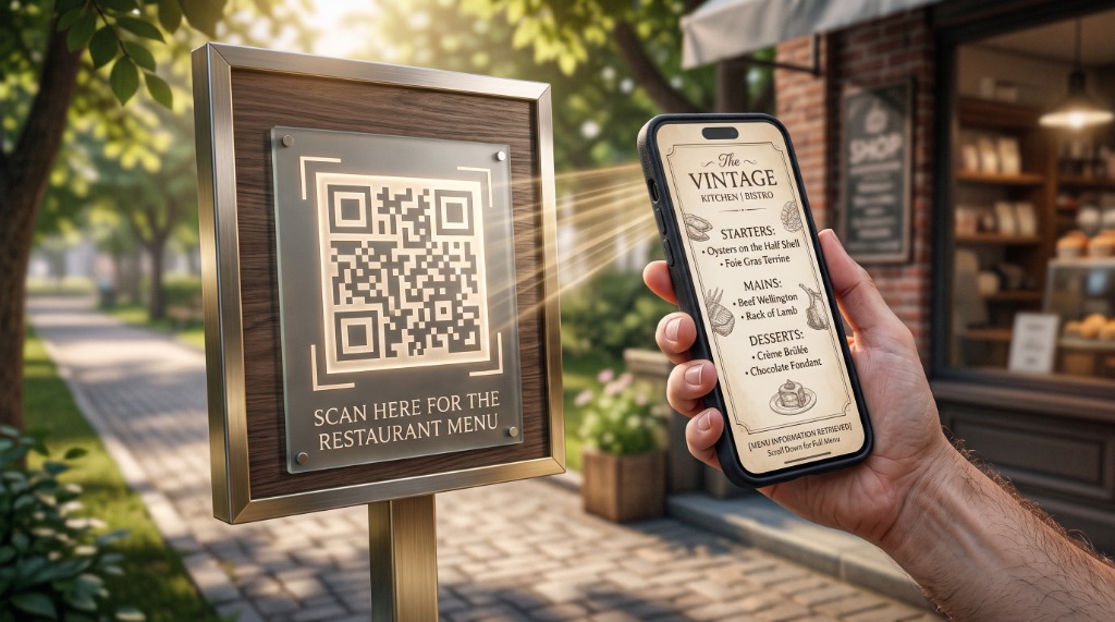 Scanning a QR code on a sign with a smartphone to view a cafe menu